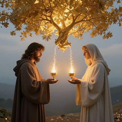 Photograph of a serene, illuminated scene featuring a bearded man and robed woman holding candles under a glowing tree, set against a twilight mountain backdrop