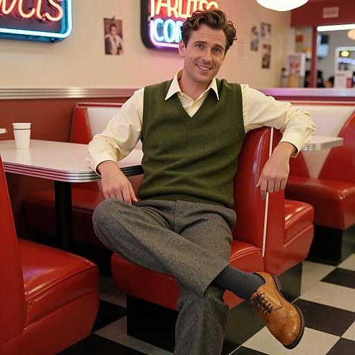 Photograph of a smiling man with dark curly hair, wearing a green sweater over a white shirt, gray pants, and brown shoes, sitting in a