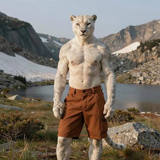 Anthro Muscular White Panther in Climbing Shorts Outdoors