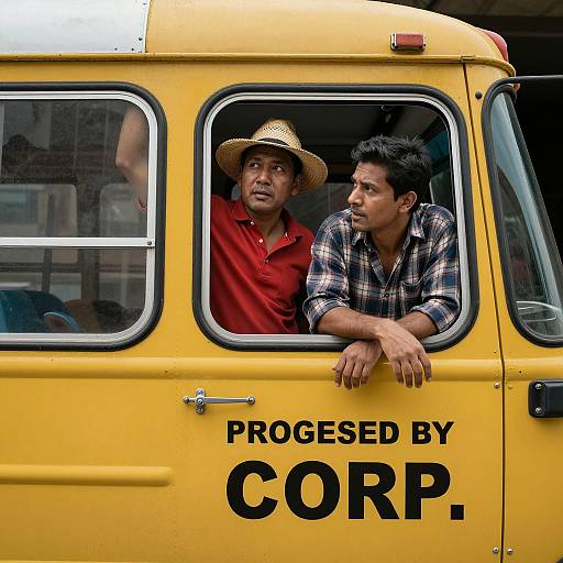 Two Men in Yellow Bus Window