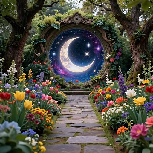 Photograph-style digital artwork of a vibrant flower garden path leading to a circular wooden arch showcasing a crescent moon and starry night sky.