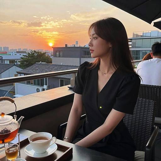 Photograph of an Asian woman with straight black hair, in a black dress, sitting on a rooftop terrace at sunset, overlooking city buildings, with tea