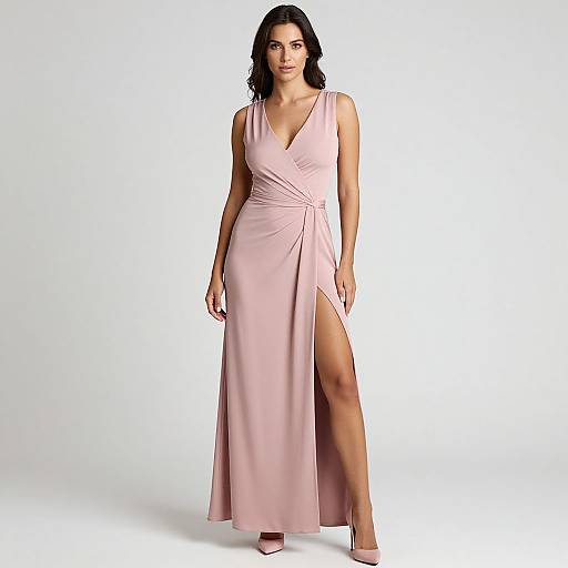 Photograph of a woman with dark, wavy hair in a light pink, sleeveless, V-neck evening gown with a high thigh slit, standing