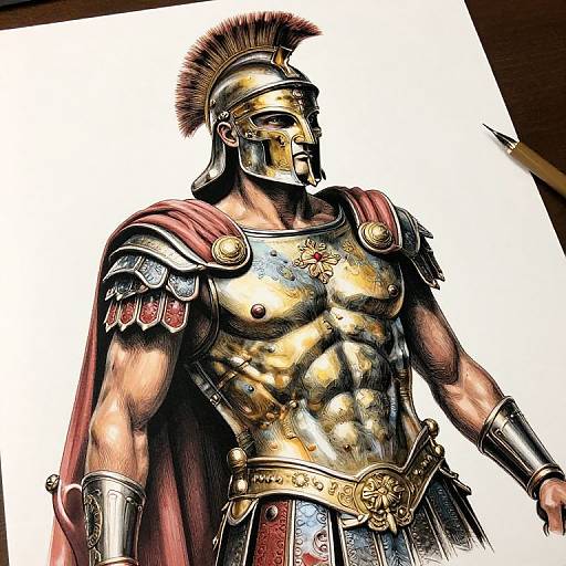 Digital comic-style drawing of a muscular, armored Spartan warrior with a red cape, gold helmet, and detailed chest plate, standing against a white background.