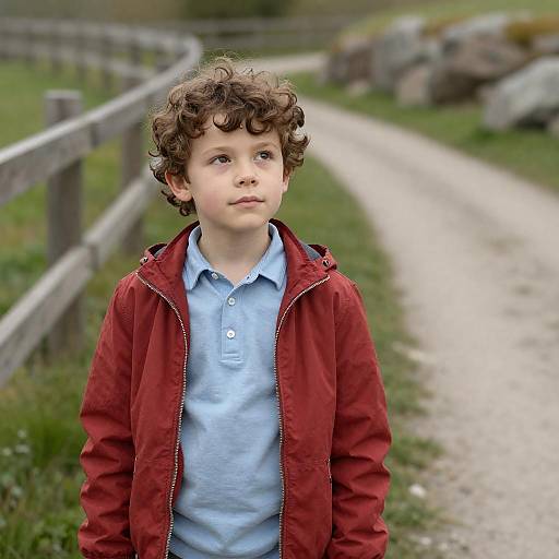 Photograph of a young boy with curly brown hair, wearing a red jacket and light blue polo, standing on a gravel path beside a wooden fence in