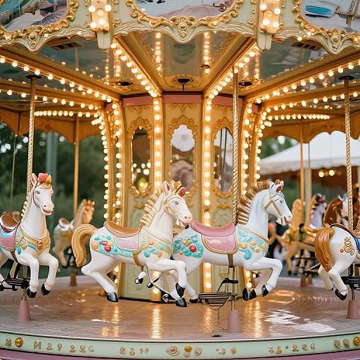 Photograph of a vintage carousel with brightly lit, ornate, white horses adorned with colorful decorations, set against a glowing, golden framework.