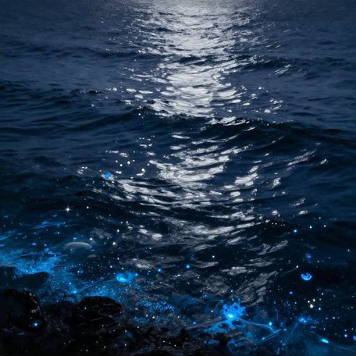 Photograph of shimmering, dark blue ocean water with bright, reflective white light streaks and sparkling blue highlights in the lower part.