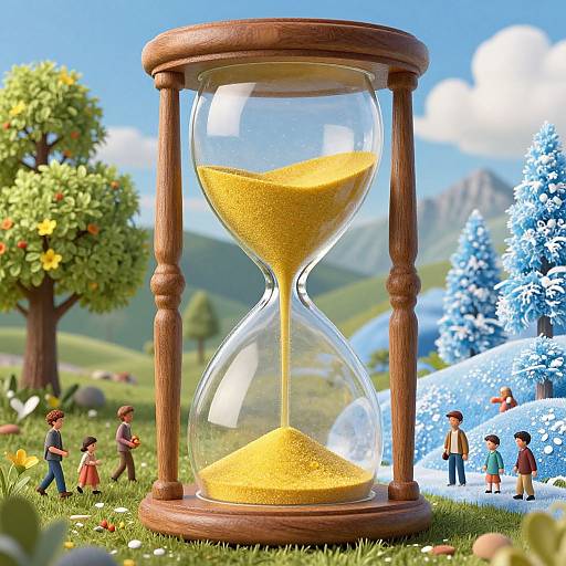 Photograph of a wooden hourglass with flowing yellow sand, surrounded by small figurines, colorful trees, and a vibrant, blue-sky mountain landscape
