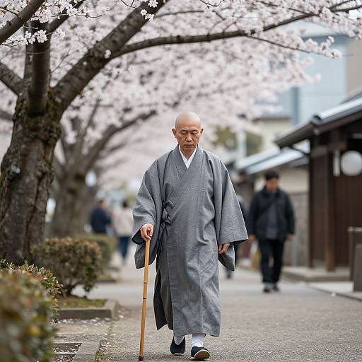 Photograph of a bald elderly Japanese man in a gray kimono, using a wooden cane, walking under cherry blossom trees in a traditional street.