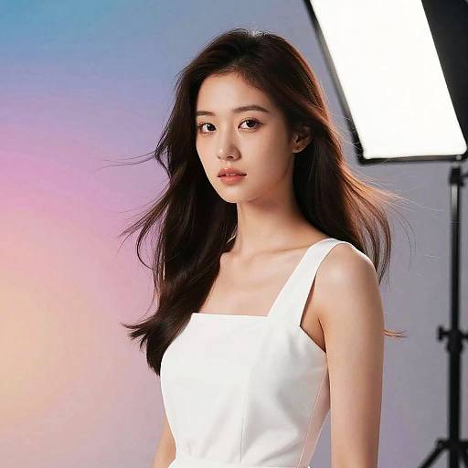 Photograph of an East Asian woman with long, wavy black hair, wearing a white sleeveless dress, standing against a gradient pink and blue background