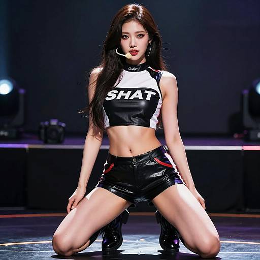 Photograph of an Asian woman with long black hair, kneeling on a stage, wearing a black-and-white 