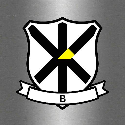 Digital emblem with a white shield featuring a black X with a yellow triangle, bordered by a black outline, on a metallic gray background. A white ribbon