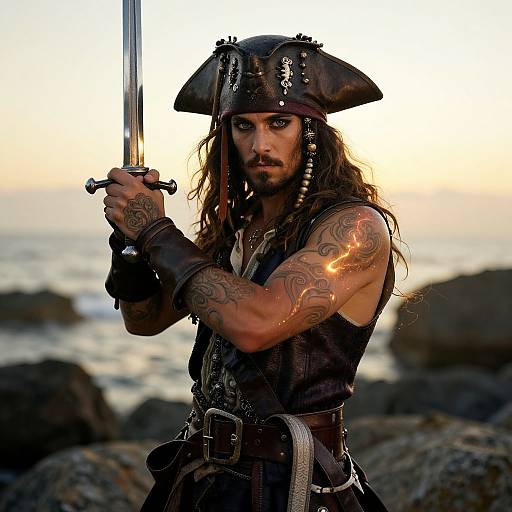 Photograph of a tattooed, long-haired pirate with a tricorn hat, holding a sword against a sunset ocean backdrop. Intense expression, detailed