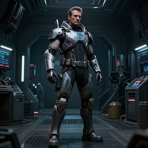 Photograph of a muscular man in futuristic, silver and black armored suit with glowing blue emblem, standing in a dimly lit, high-tech spaceship corridor
