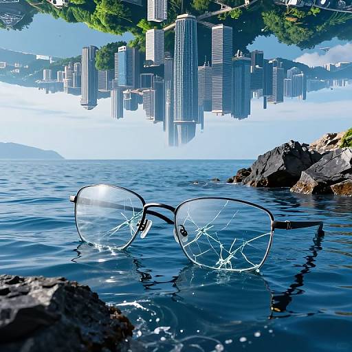 Photorealistic digital art: broken glasses in clear blue water with cityscape of skyscrapers emerging from white clouds in background.