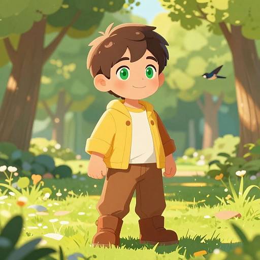 Colorful digital illustration of a smiling, green-eyed boy with brown hair, wearing a yellow jacket, white shirt, brown pants, and boots, standing