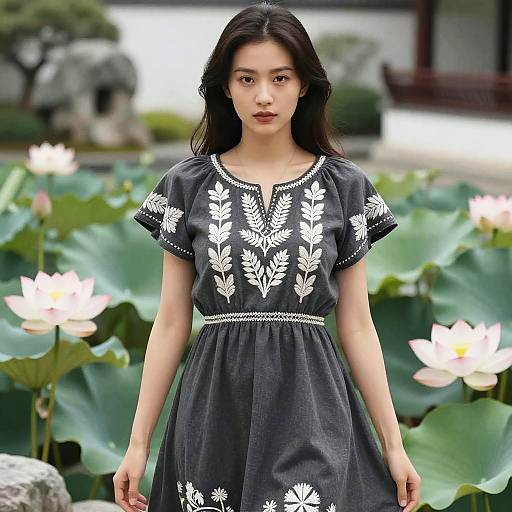 Photograph of an Asian woman with long black hair, wearing a black dress with white floral embroidery, standing in a lush pond with lotus flowers and
