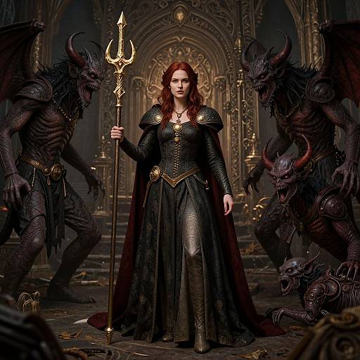 Photograph-style CGI: Red-haired woman in black, ornate armor and cape, holding trident, stands confidently before dark, menacing demons in a