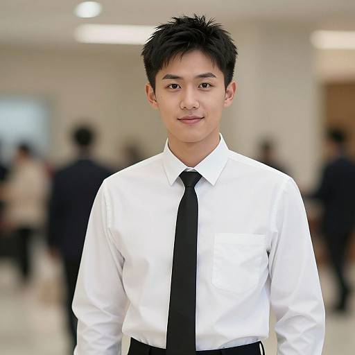 Photograph of a young Asian man with short black hair, wearing a white dress shirt and black tie, standing in a blurred, indoor, well-l
