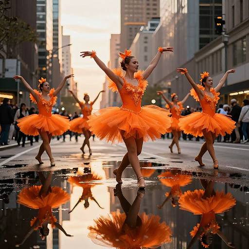 Photograph of five ballet dancers in bright orange tutus and headpieces, performing on a wet city street at sunset, reflections visible in puddles.