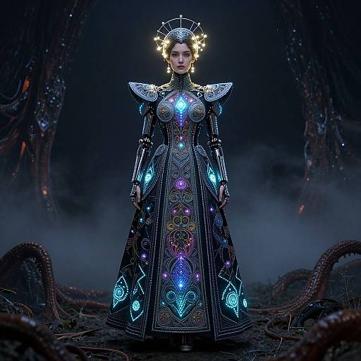 Photorealistic CGI of a regal woman in a glowing, ornate, black dress with colorful lights, surrounded by dark, twisted tentacles.