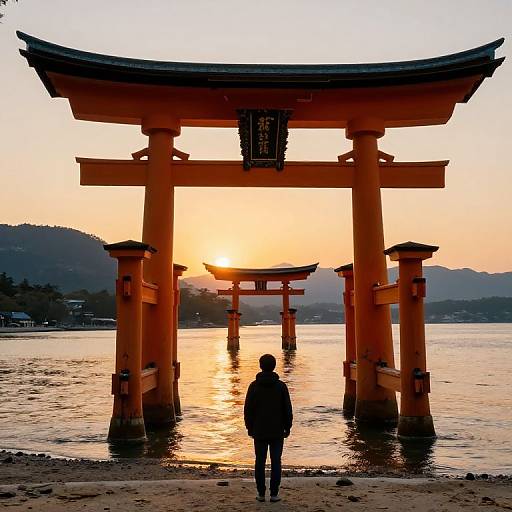 Photograph of a person silhouetted against a sunset, standing in front of a large, orange Torii gate in a calm lake. Mountains