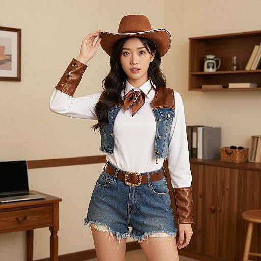 Asian woman in cowboy outfit: brown hat, white shirt, brown leather vest, denim shorts, brown belt, standing in cozy wooden room.