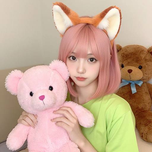 Photograph of an Asian woman with pink bob hair, fox ears, green shirt, holding a pink teddy bear, with a brown teddy bear