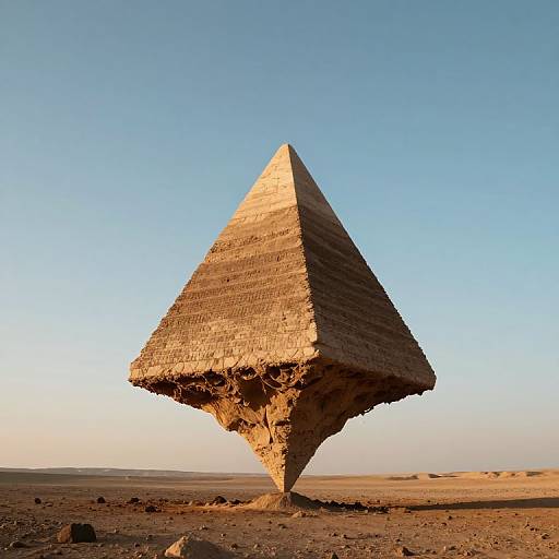 Photograph of a large, pyramid-shaped, stone structure with a thatched roof, standing alone in a barren desert landscape under a clear blue sky.