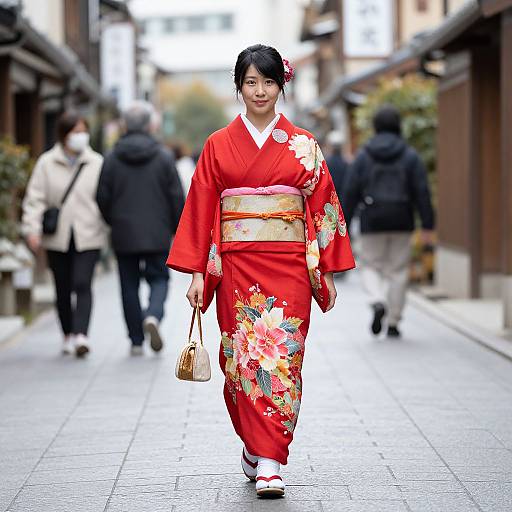 Photograph of an Asian woman in a vibrant red floral kimono, white tabi socks, and wooden geta sandals, walking a wet, narrow Japanese