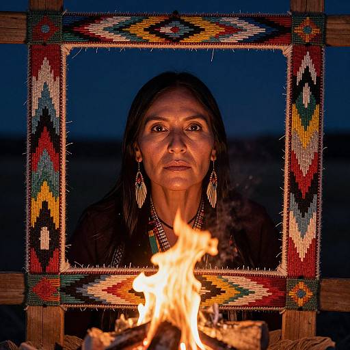Photograph of a Native American woman with long black hair, wearing traditional earrings, framed by colorful geometric-patterned fabric, gazing at a bright camp