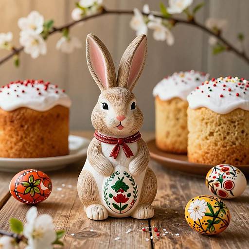 Photograph of a detailed ceramic bunny with a red bow, holding a decorated egg, surrounded by three cake slices and colorful Easter eggs on a wooden table