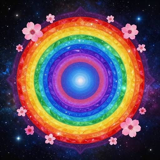 Digital artwork: Vibrant, circular rainbow galaxy with colorful rings, central blue glow, surrounded by pink cherry blossoms, set against a starry night