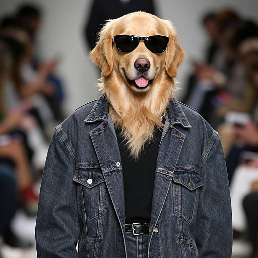 Photograph of a golden retriever wearing black sunglasses and a dark denim jacket, standing confidently with tongue out. Blurred crowd in background.