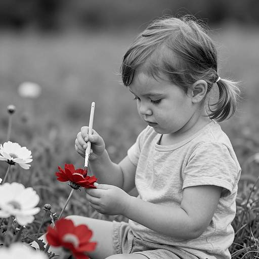 Toddler Painting Red Flower in Field