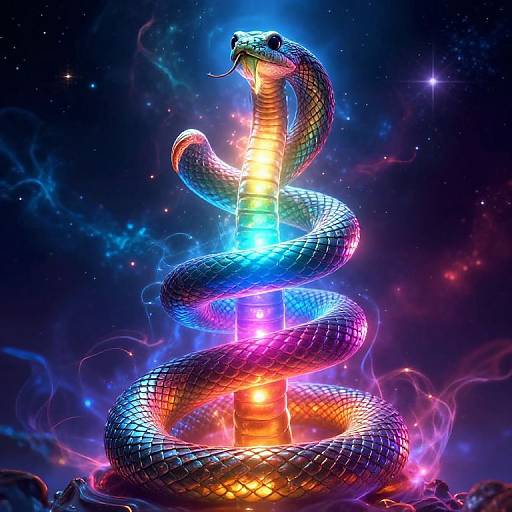 Digital artwork of a glowing, neon-colored snake with a rainbow-scaled body coiling around a bright, yellow-orange core, set against a starry