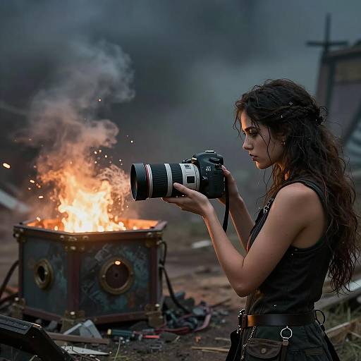 Female Photographer Capturing Fire in Apocalyptic Setting