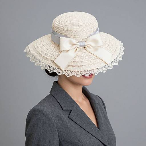 Photograph of a woman in a dark gray blazer, wearing a white lace-trimmed wide-brimmed hat with a large white bow,