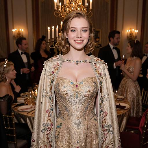 Photograph of a smiling young woman in an ornate, gold-embroidered gown with cape, standing in a luxurious, candlelit ballroom