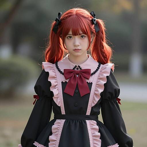 Anime-Style Red-Haired Girl in Gothic Lolita Dress