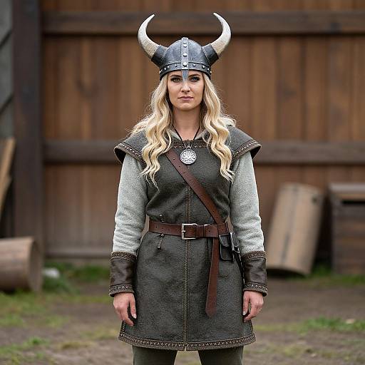 Photograph of a blonde woman with long hair, Viking helmet with horns, gray and black medieval attire, brown belt, standing in front of a wooden