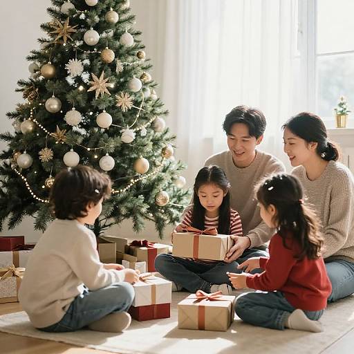 Photograph of an Asian family with three children sitting around a decorated Christmas tree, opening gifts in a sunlit room.