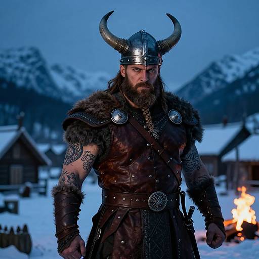 Photograph of a bearded Viking warrior with horned helmet, fur and leather armor, standing in snowy village at twilight. Mountains and campfire in