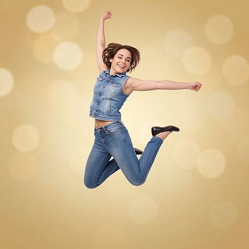 Photograph of a joyful woman with short brown hair, wearing a sleeveless denim vest and blue jeans, mid-air jump against a glowing yellow bokeh