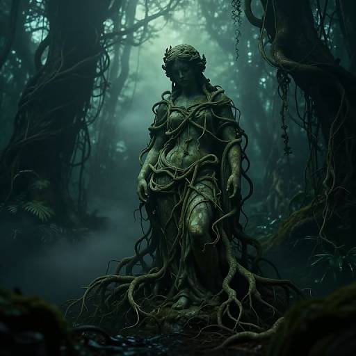 Digital artwork of a statue entwined with vines in a dark, mystical forest with eerie blue-green lighting. The statue's expression is solemn, surrounded