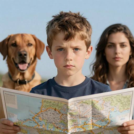 Serious boy holding map with dog and woman outdoors