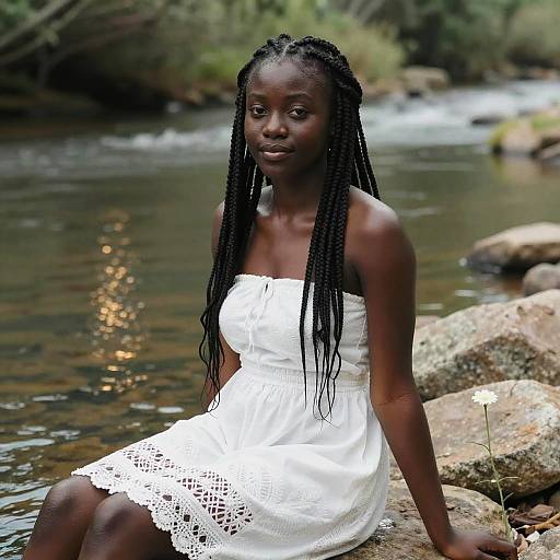 Photograph of a dark-skinned woman with long braids wearing a white lace strapless dress, sitting on rocks by a flowing river.