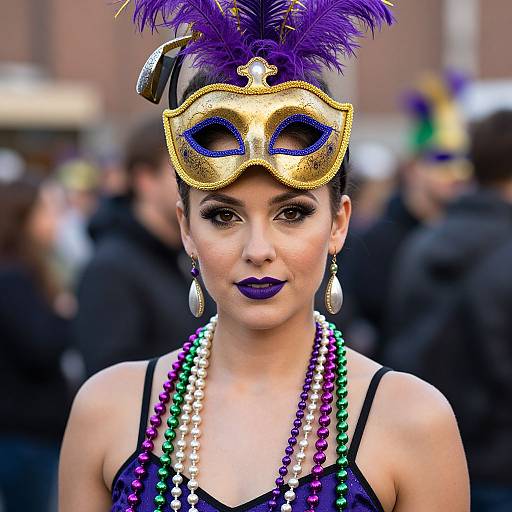 Photograph of a woman in a gold masquerade mask with purple feathers, purple lipstick, colorful bead necklaces, and black dress, at a