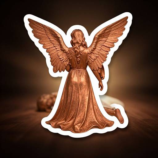 Photograph of a glowing, illuminated bronze angel silhouette with outstretched wings, wearing a detailed, flowing dress, standing against a dark, blurred background