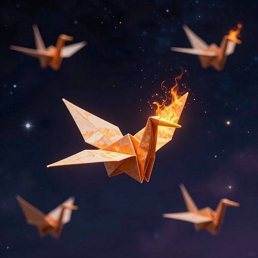 Photograph of glowing, orange paper origami birds with flaming beaks flying against a dark, starry night sky, creating a magical, ethereal